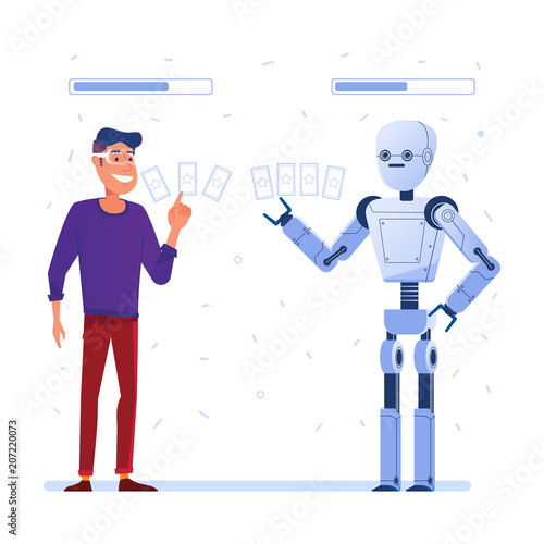 A man in VR glasses and a robot play card game in augmented reality