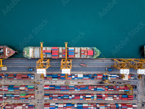 Top view of international port with Crane loading containers in import export business logistics. photo