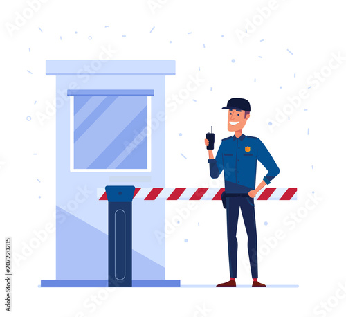 Security company employee with portable radio in front of the closed security gate. Guard, safety, external protection and concept. Vector flat design illustration on white background.