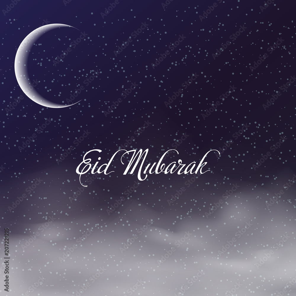 Eid Mubarak greeting card with crescent and clouds in sky. Vector.