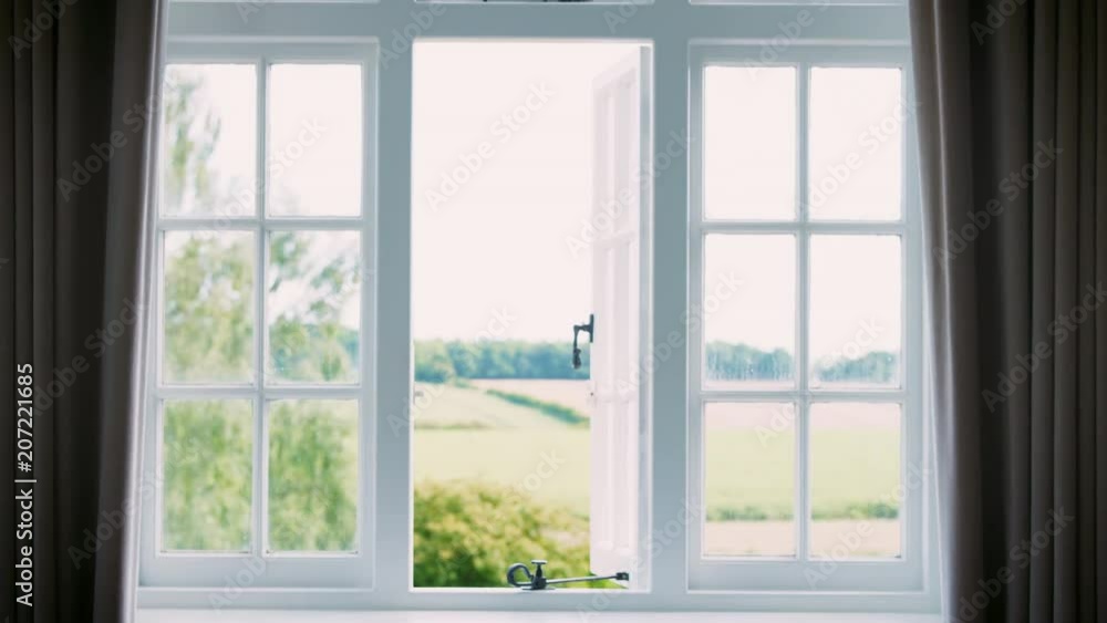 Bedroom Curtains Closing On View Of Countryside Through Window Bedroom Curtains Closing On View Of Countryside Through Window