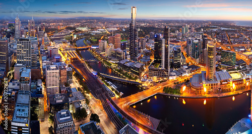 Panoramic view of Melbounre, Victoria, Australia at dusk