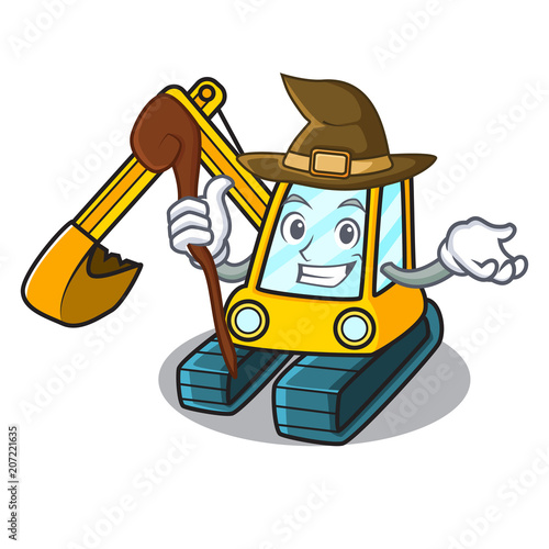 Witch excavator mascot cartoon style