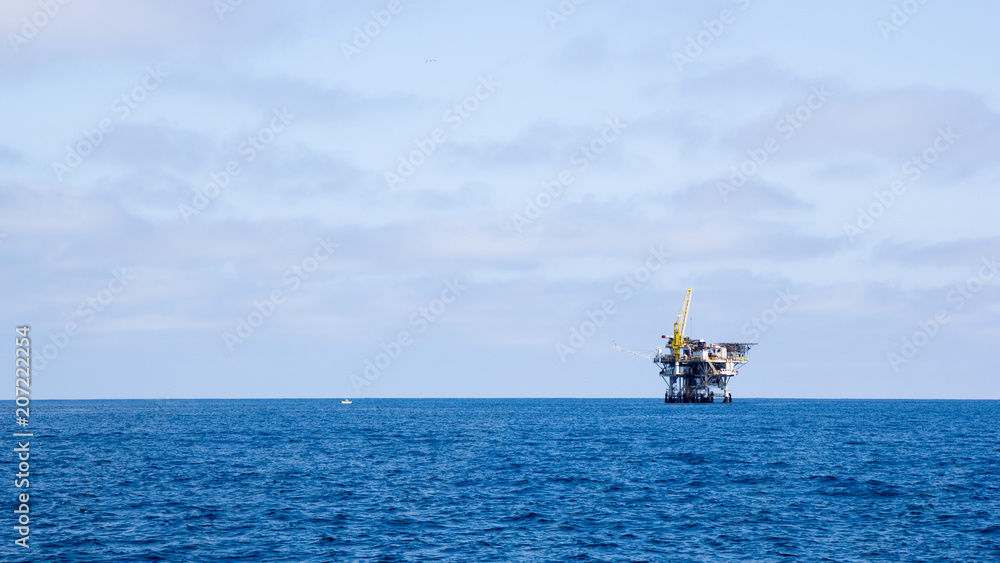 Ocean oil rig near Channel Islands off Ventura coast, Southern California; Copy space