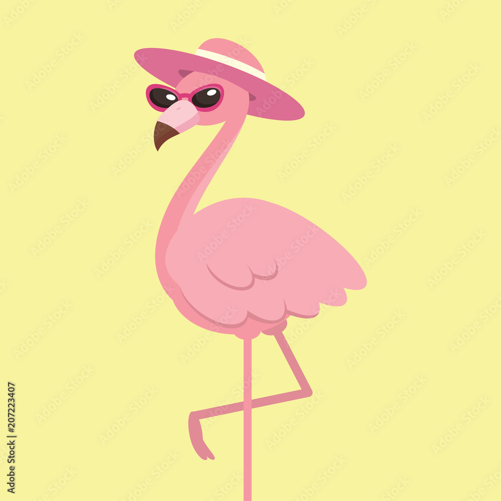 Naklejka premium Śliczny różowy flaming z kapeluszem, lato czasu pojęcie, wektorowa ilustracja.