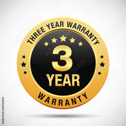 3 year warranty golden label isolated on white background