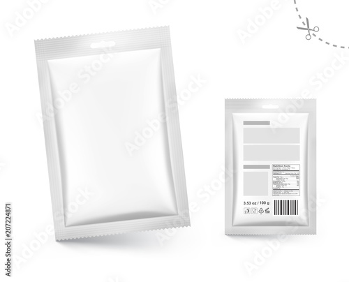 Mockup of blank sachet packaging for food, cosmetic and hygiene. Vector illustration on white background. Ready for your design. EPS10.