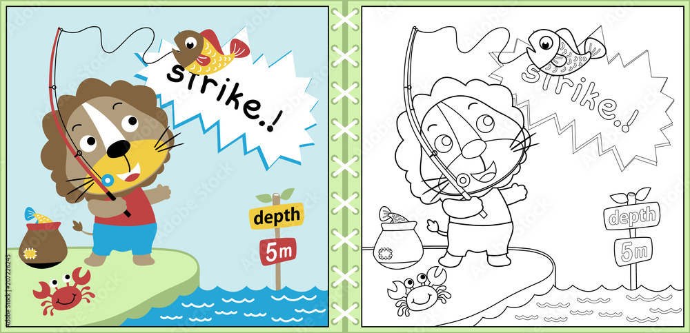 Vector of fishing time with funny lion cartoon, coloring page or book. eps 10 Vector of fishing time with funny lion cartoon, coloring page or book. eps 10