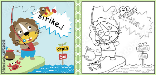 Vector of fishing time with funny lion cartoon, coloring page or book. eps 10
