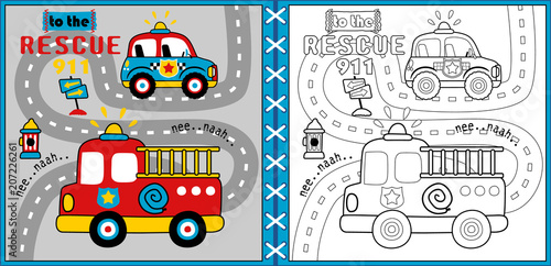 rescue team cartoon vector, coloring page or book