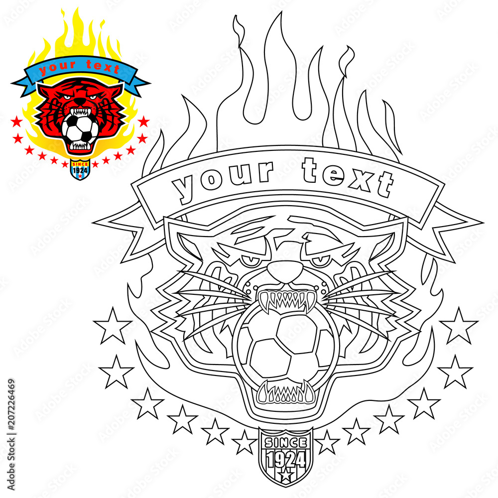Vector of tiger head logo with flame, coloring page or book