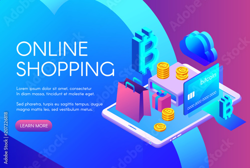 Online shopping vector illustration of bitcoin payment or cryptocurrency card in digital trade technology. Crypto currency, euro and dollar coins in smartphone internet cloud on ultraviolet background