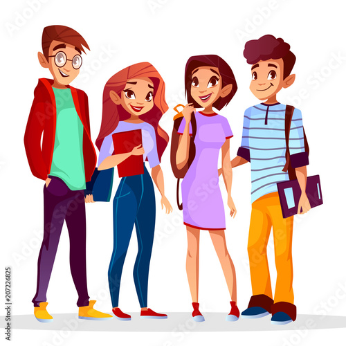 Vector cartoon back to college concept with cheerful students set. Male female caucasian teenagers standing smiling holding backpack, textbooks. Young men, women in university, education concept.