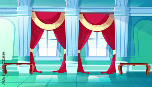 Ballroom of palace hall vector illustration of medieval castle interior of royal dancing room. Flat cartoon background with marble pillars, red drape curtains on windows and benches