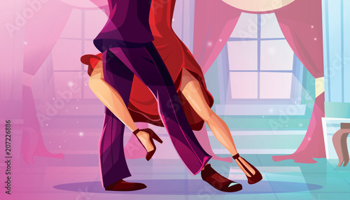 Tango in ballroom vector illustration of man and woman in red dress dancing Latin American dance in royal palace hall with pink drape curtains on windows of cartoon background.