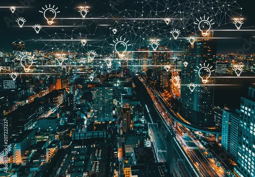 Obraz Żarówki z lotu ptaka Tokio, Japonia przy nocą