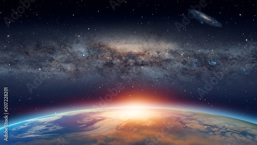 Obraz Planeta Ziemia ze spektakularnym zachodem słońca „Elementy tego zdjęcia dostarczone przez NASA”