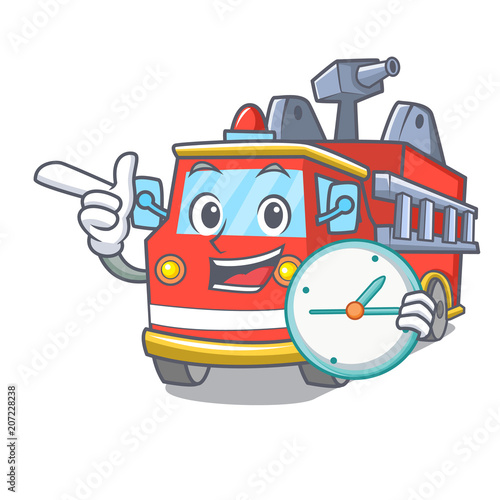 With clock fire truck character cartoon