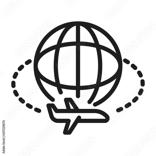 Airplane traveling the globe. International holidays or business flight. Vector thin line icon illustration.
