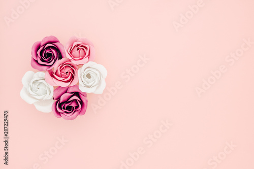 Flat lay of white, pink and purple on pink background pastel tone © ezstudiophoto