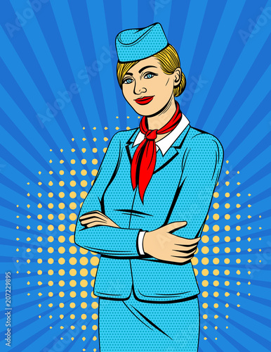 Vector colorful comic style illustration with smiling stewardess over halftone dot background. Beautiful woman wearing uniform with hat and scarf