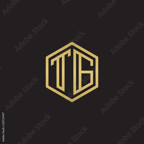 Initial letter TG, minimalist line art hexagon shape logo, gold color on black background