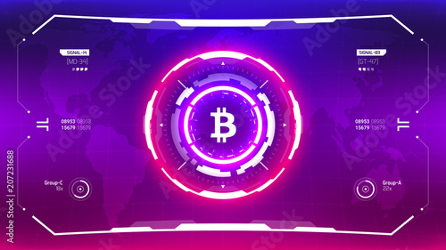 Neon Bitcoin cryprocurrency futuristic vector HUD. Worldwide digital money technology