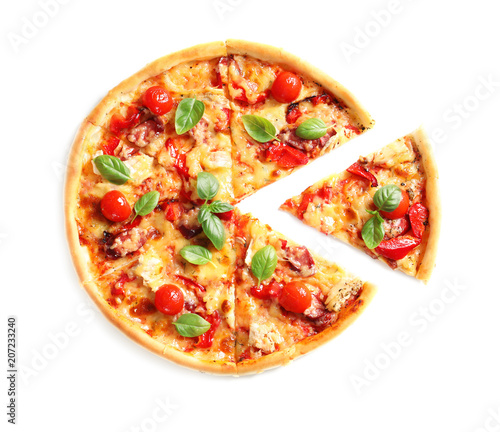 Delicious pizza with tomatoes and sausages on white background