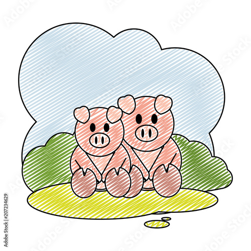 doodle couple pig farm animal in the landscape