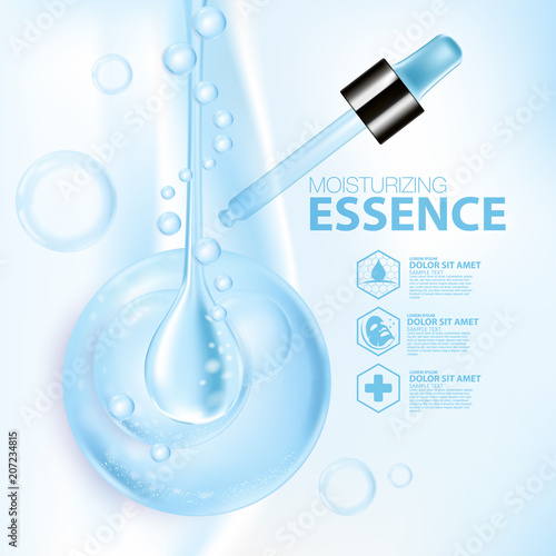 Moisturizing Essence cosmetic products ad, light blue bokeh background with beautiful containers vector illustration