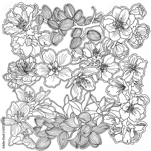 vector black and white tracery pattern with ornate flowers and sweet almonds