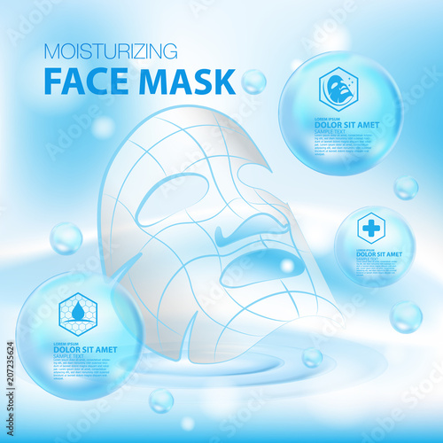 Moisturizing Face Mask cosmetic products ad, light blue bokeh background with beautiful containers vector illustration