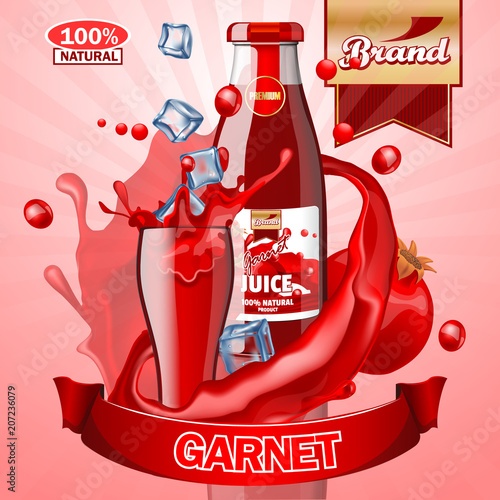 Juice Garnet ads with logo and label. Realistic editable mockup