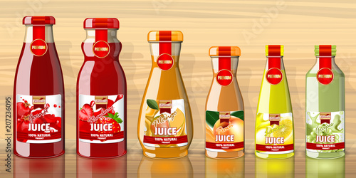 Juice bottles with fruits lables mockup