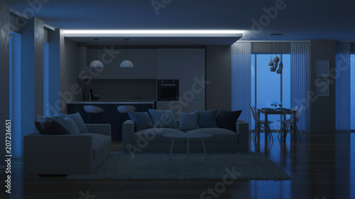 Modern house interior. Evening lighting. Night. 3D rendering. © artemp1