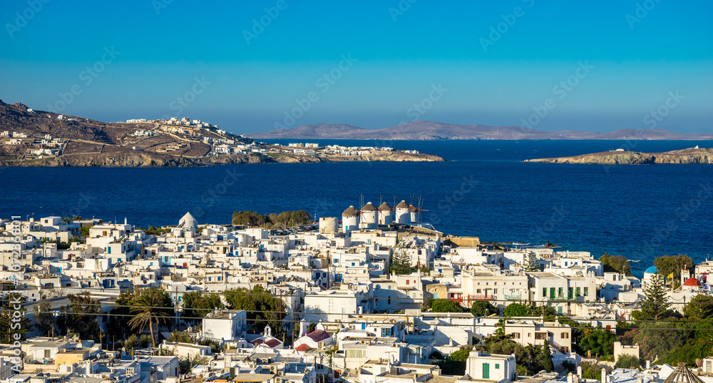Mykonos island aerial panoramic view at sunny day. Mykonos is a island, part of the Cyclades in Greece