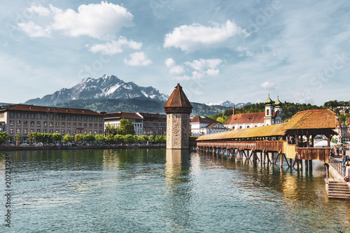 Chapel bridge famous place on lake Luzern with blue sky in Luzern, Switzerland, Europe.