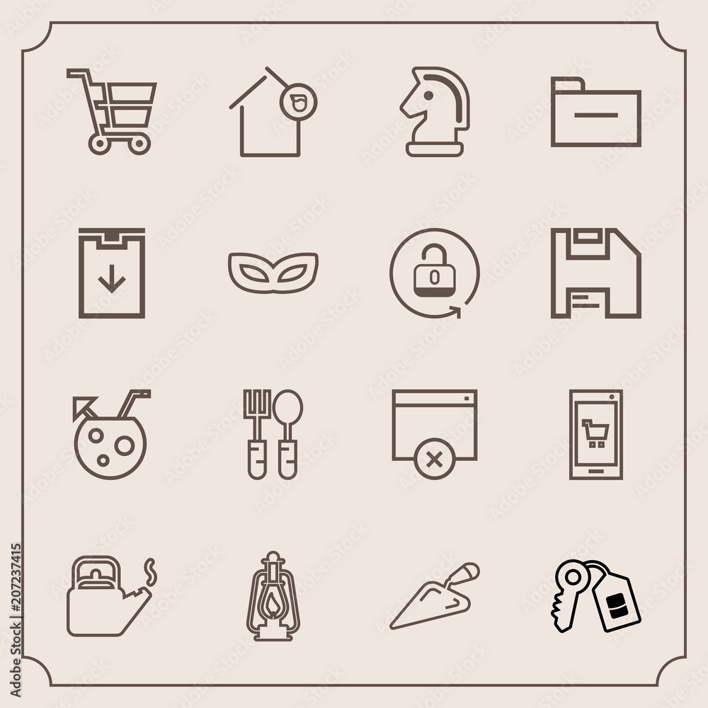 Modern, simple vector icon set with juice, strategy, metal, equipment, shop, cart, restaurant, glass, shovel, chessboard, sign, lamp, landlord, home, trolley, technology, construction, lantern icons