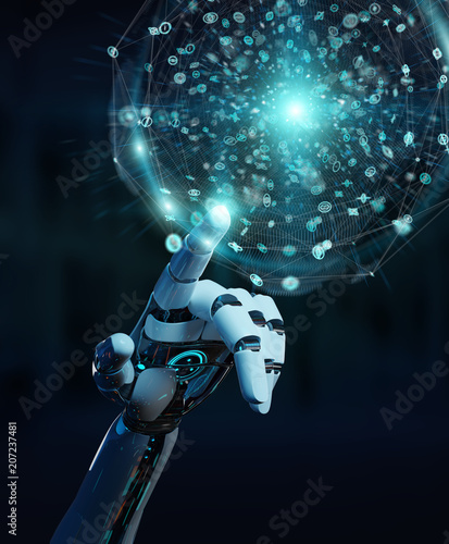 White humanoid hand using digital global network 3D rendering