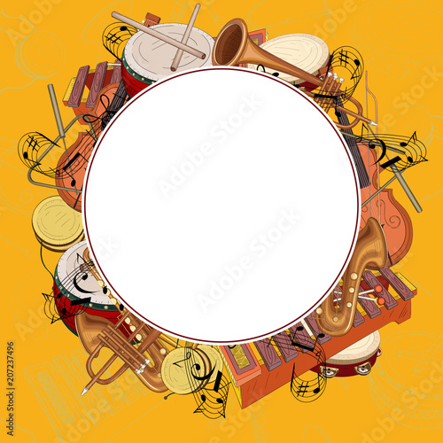 Orange round background with notes and musical instruments.