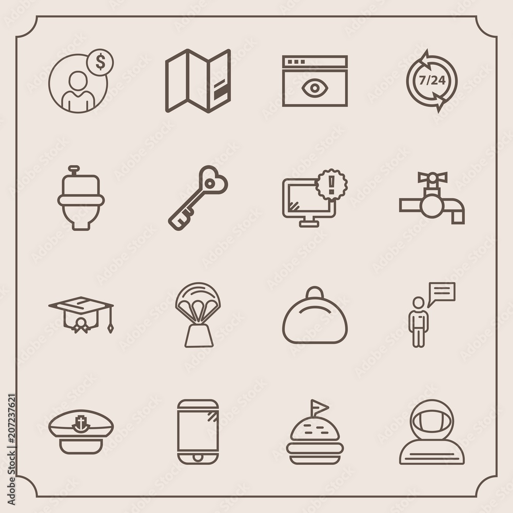 Modern, simple vector icon set with cap, communication, food, leather, school, travel, chat, sandwich, finance, education, spacesuit, hot, science, balloon, phone, mobile, web, bread, cell, bag icons Modern, simple vector icon set with cap, communication, food, leather, school, travel, chat, sandwich, finance, education, spacesuit, hot, science, balloon, phone, mobile, web, bread, cell, bag icons