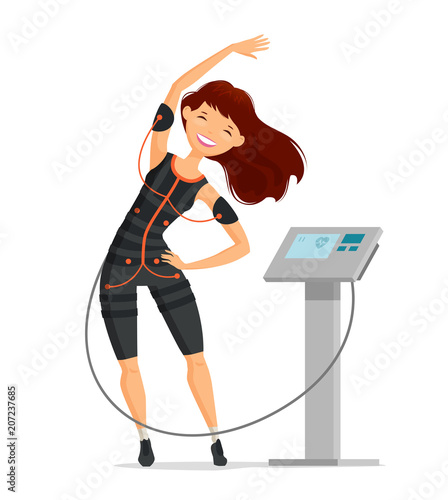Ems training. Girl doing fitness exercise in the gym. Cartoon vector illustration