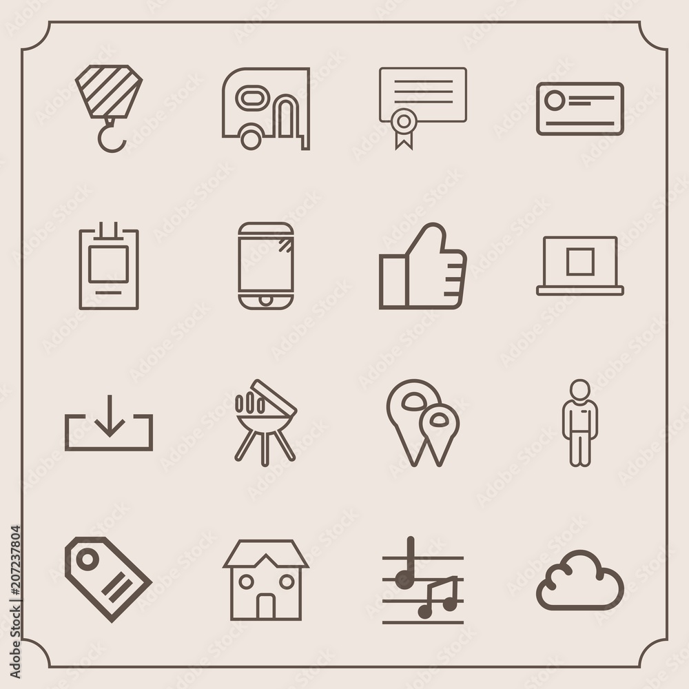 Modern, simple vector icon set with construction, cheque, mobile, delivery, cloud, success, meat, finance, money, man, road, music, building, musical, download, map, web, van, diploma, label icons