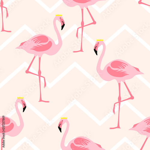 Seamless pattern pink flamingo standing wears a crown on zig zag pastel color background.printing wallpaper.vector illustration