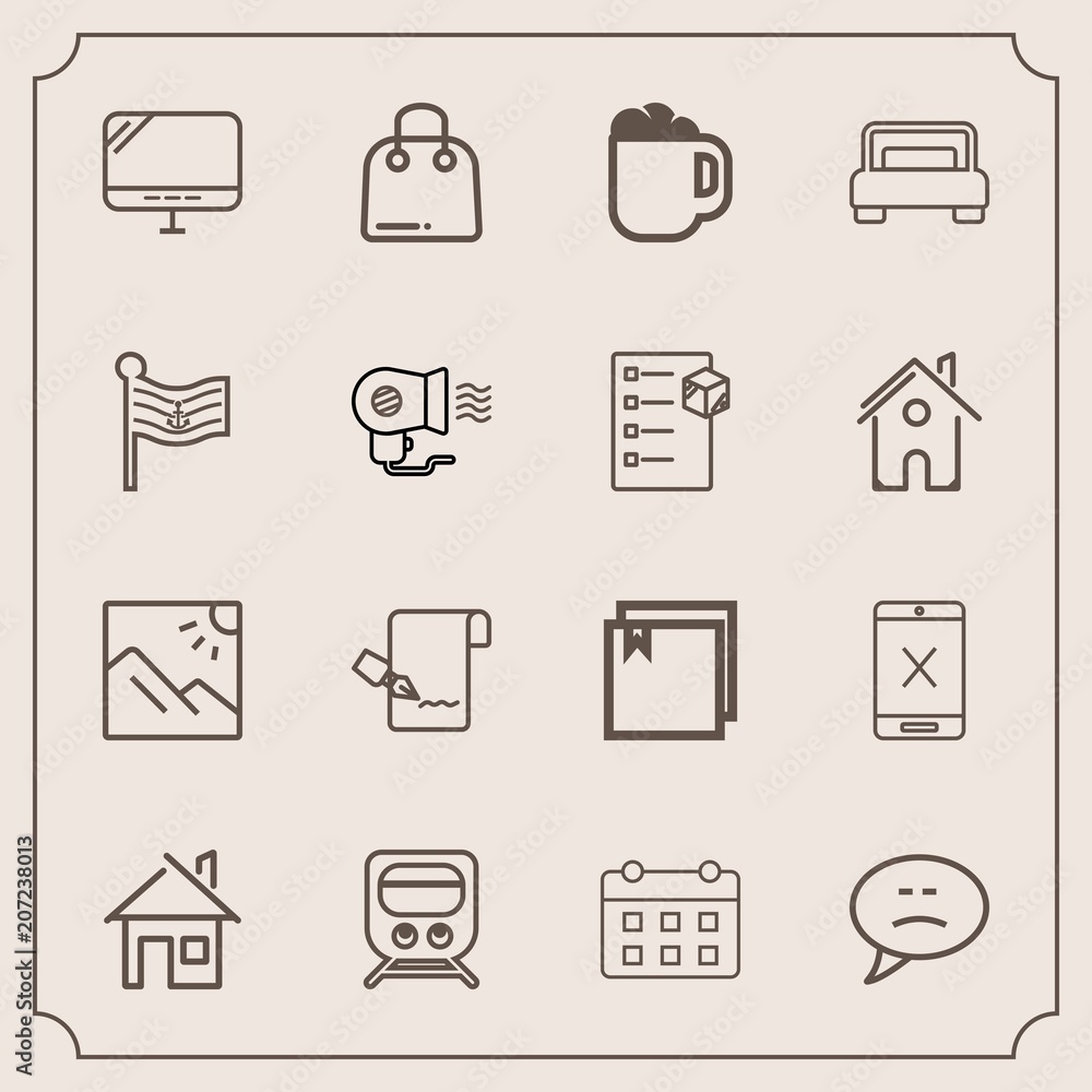 Modern, simple vector icon set with railway, photo, internet, paper, sale, transportation, chat, buy, schedule, drink, train, scenery, landscape, building, retail, web, transport, file, speech icons