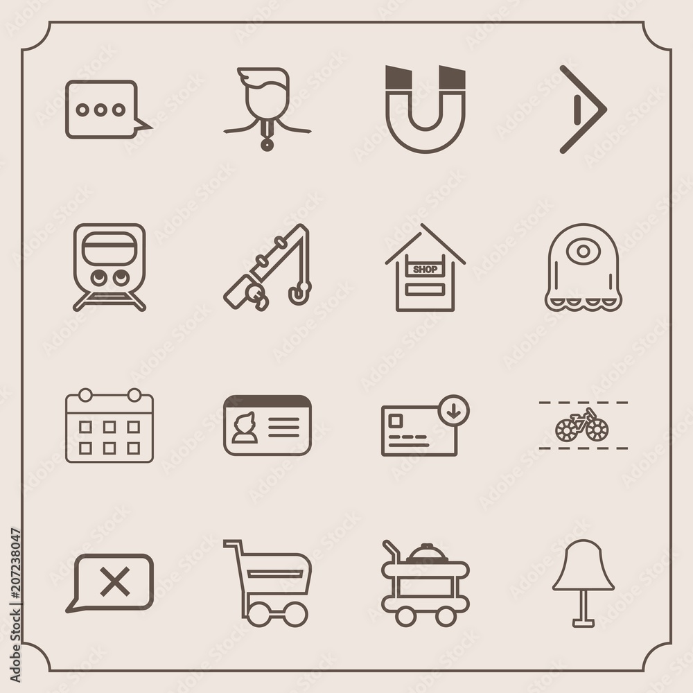 Modern, simple vector icon set with calendar, wheel, medal, name, message, cart, light, timetable, bed, cycle, business, bike, hotel, transportation, document, bag, money, buy, food, shop, sack icons