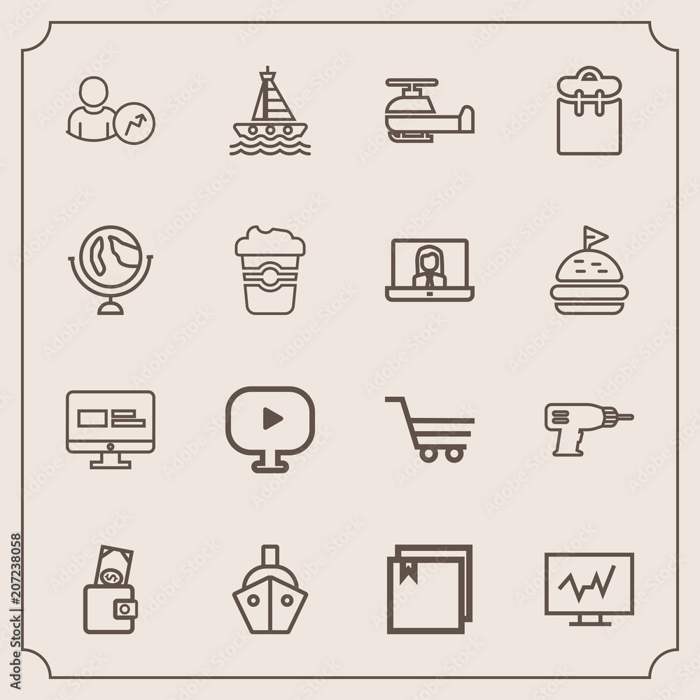 Modern, simple vector icon set with boat, media, ocean, pretty, transport, ship, web, account, medical, business, doctor, machine, file, transportation, video, money, aviation, diagnostic, hand icons