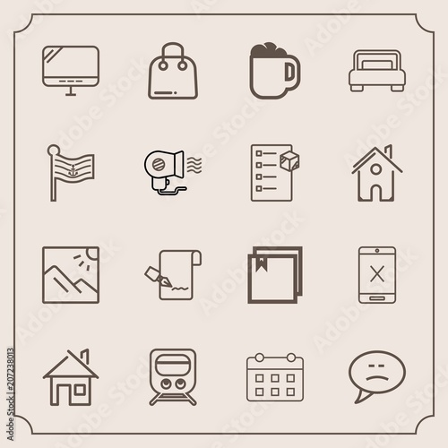 Modern, simple vector icon set with railway, photo, internet, paper, sale, transportation, chat, buy, schedule, drink, train, scenery, landscape, building, retail, web, transport, file, speech icons