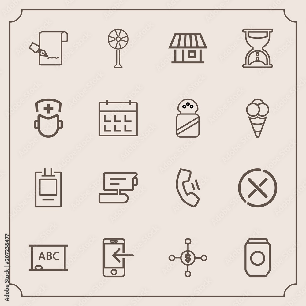 Modern, simple vector icon set with transfer, house, no, finance, phone,  list, record, cell, ventilator, tv, blackboard, container, badge, electric,  label, home, tin, cancel, estate, board, view icons Stock Vector