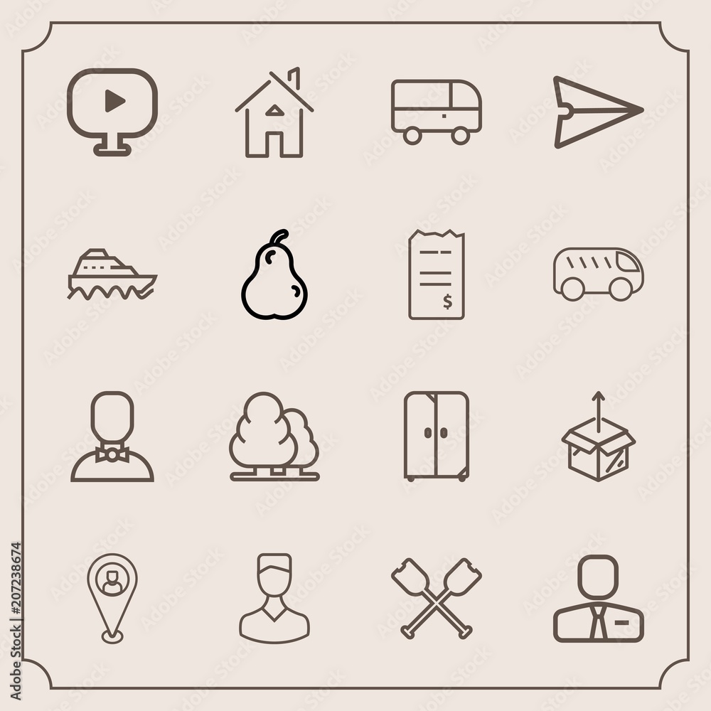 Modern, simple vector icon set with employee, road, bus, transport, nature,  boat, male, cabinet, speed, location, tree, building, paddle, business,  unpacking, house, video, travel, media, human icons vector de Stock | Adobe